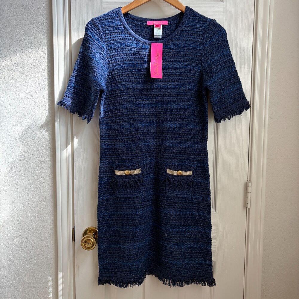 NEW Lilly Pulitzer Beckington Cotton Blend Knit Sweater Dress Blue Grotto Tweed